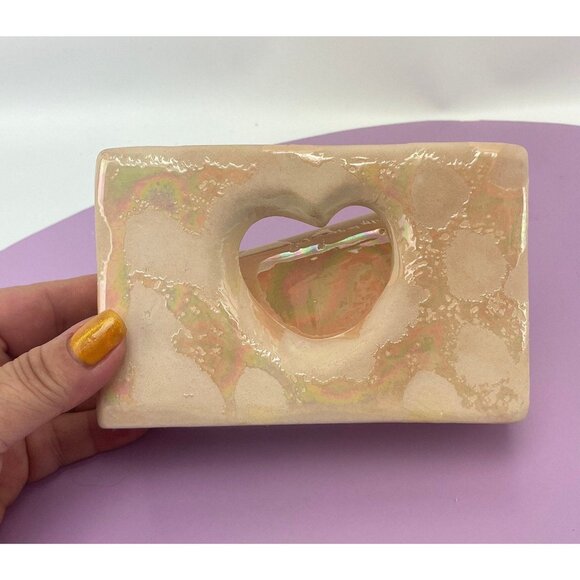 Vintage 80s ceramic napkin holder, 1980s napkin / letter holder, peach iridescen - Picture 1 of 9